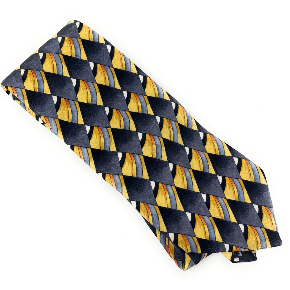 J Garcia Silk Tie Geometric 3 3/4" 58" Diamonds Black Gray Yellow Bluish Jerry